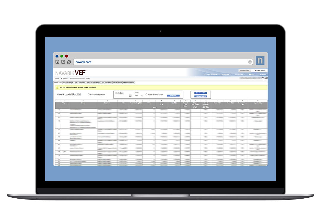 screenshot of Navarik VEF application on laptop